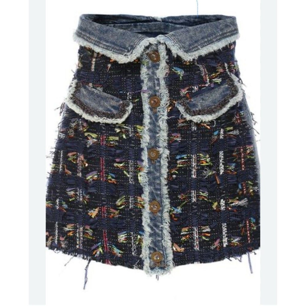 Gawqo Tweed Denim Skirt Fringe Boho Jean Mini Cottage Plaid Boho Gyaru Waist 30”